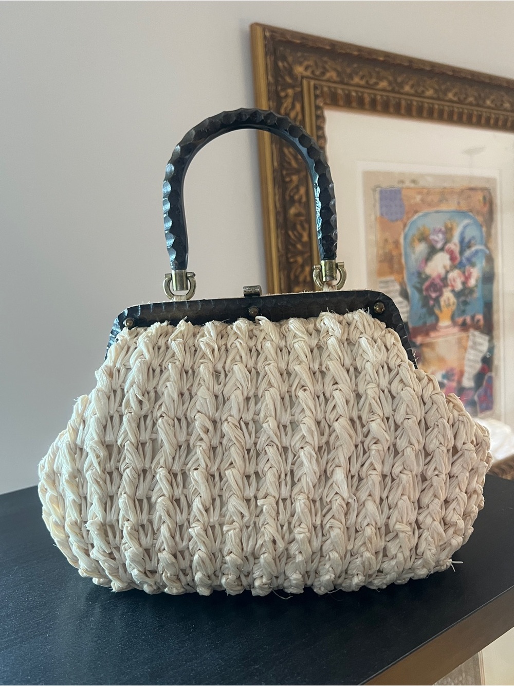 Vintage Raffia Woven Cream Handbag with Top Handle